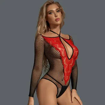 Wholesale Long Sleeve Lace Bodysuit Stocking with Deep V Design