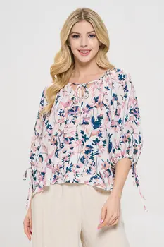 Floral Print V neck Top with Sleeve Tie