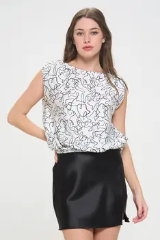 Abstract Print Satin Round neck Short Sleeve Top