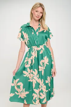 Flower Print Collared V neck Dress with Pockets