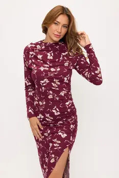 Floral Long Sleeve Ruched Dress w Slit