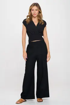 Solid Linen V neck Crop Top w Smock Back Detail