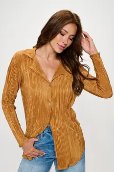 Plisse Solid Button Down Top with Collar