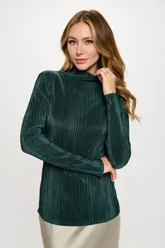 Plisse Long Sleeve Mock Neck Top