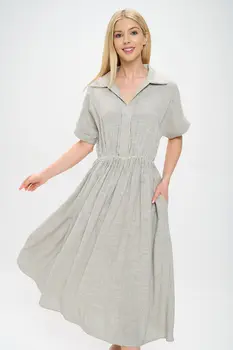 Striped Print Collared V neck Dress with Pockets