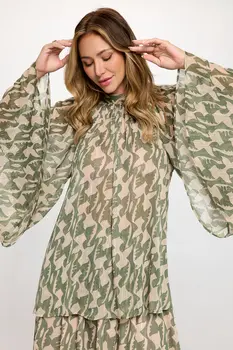 Print Sheer Long Bell Sleeve Top with Back Tie Detail