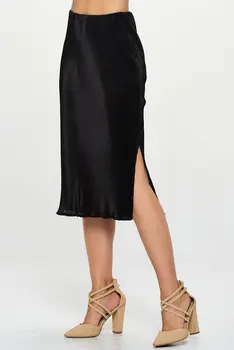 Solid Plisse Midi Skirt with Slit and Elastic Waistband
