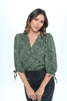 Abstract Print V neck Top with Self Tie Sleeves