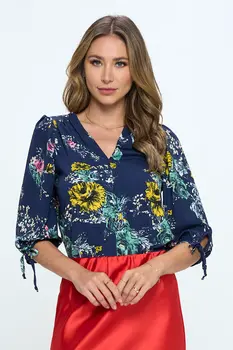 Floral Print Top with Self Tie Sleeves