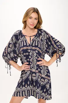 Boho Print V neck Dress with Tie Sleeve