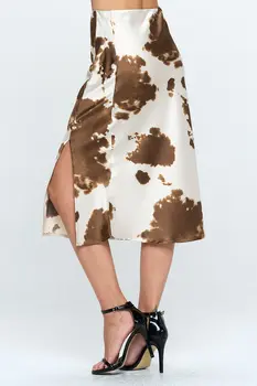Satin Cow Print Midi Skirt with Slit