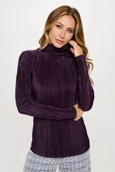 Plisse Long Sleeve Mock Neck Top