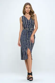 Print V neck Dress with Tie and Slit