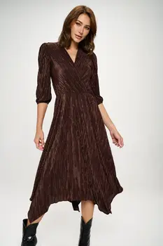 Plisse V neck Dress with Asymmetrical Hem