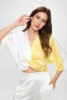 Satin Vibrant Multi Color Short Sleeve Top with Front Twist