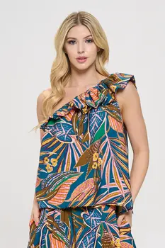 Tropical Leaf Print One Shoulder Top with Ruffle Neckline