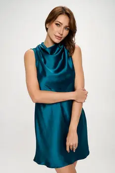 Satin Cowl Neck Sleeveless Dress with Bow Detail