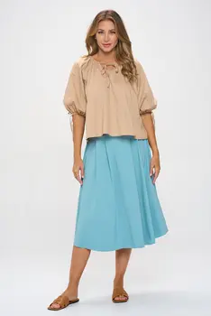 Cotton V neck Half Puff Sleeve with Tie