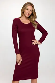 Rib Knit Round neck Bodycon Midi Dress with Side Slit