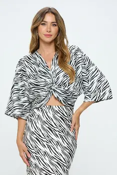 Print Satin Short Sleeve Top with Front Twist