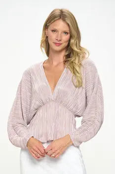 Plisse V neck Top with Balloon Dolman Sleeve