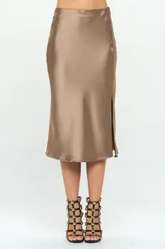 Solid Stretch Satin Midi Skirt with Slit