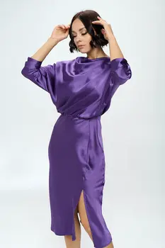 Stretch Satin Print 3/4 Sleeve Dress with Slit