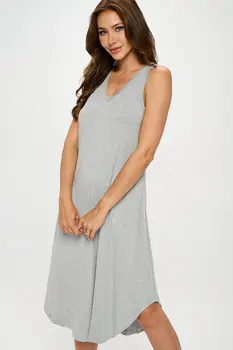 Solid V neck Dress with Curved Hem