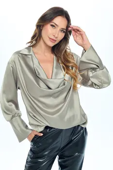 Satin Collared Cowl neck Top with Split Cuff