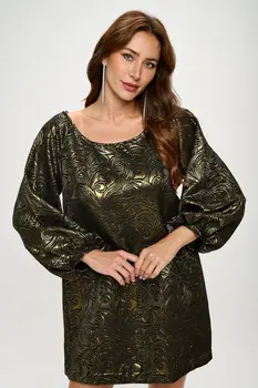 Jacquard Viscose Scoop Neck Dress with Puff Cuffed Sleeve