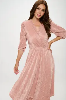 Plisse V neck Dress with Asymmetrical Hem