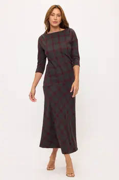Boat Neck Plaid Maxi Dress