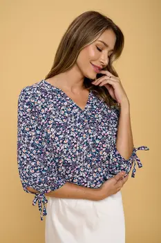 Floral Print Top with Self Tie Sleeves