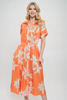 Flower Print Collared V neck Dress with Pockets