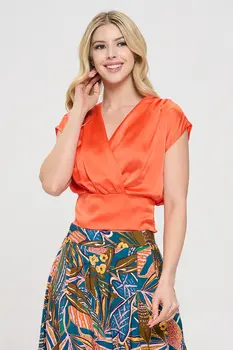 Solid Satin V neck Crop Top w Smock Back Detail