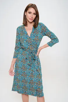 Abstract Print V neck Jersey Wrap Dress with Tie