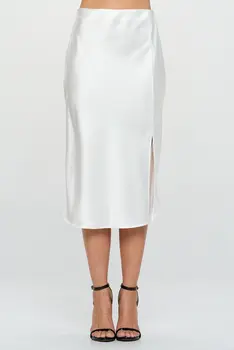 Solid Stretch Satin Midi Skirt with Slit