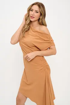 Linen Asymmetrical Off the Shoulder Ruched Dress
