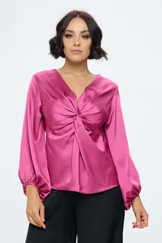 Stretch Satin V neck Top with Front Twist