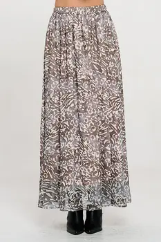 Abstract Print Sheer Maxi Skirt with Lining and Elastic Waist