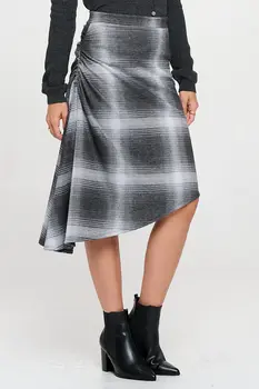 Plaid Knit Asymmetrical Hem Midi Skirt with Side Ruched Detail