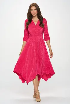 Plisse V neck Dress with Asymmetrical Hem