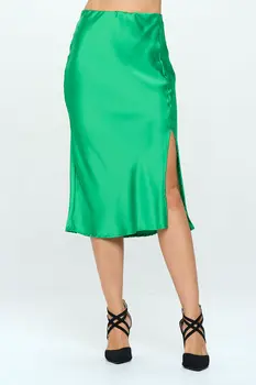 Solid Satin Midi Skirt with Slit