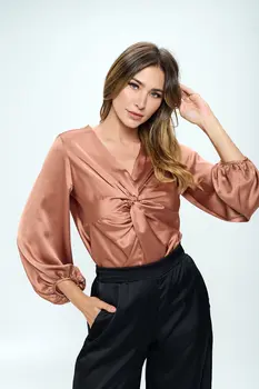 Stretch Satin V neck Top with Front Twist