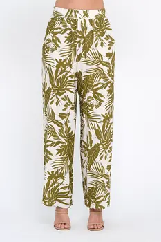 Linen Tropical Print Pants with Pockets and Elastic Waistband