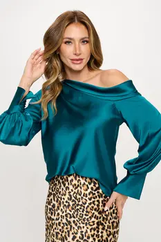 Dropped Shoulder Long Sleeve Satin Top