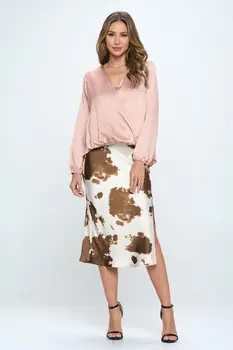 Satin Cow Print Midi Skirt with Slit