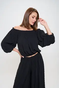 Textured Off the Shoulder Top with Balloon Sleeve