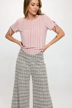 Textured Solid Short Sleeve Top with Tie Sleeve