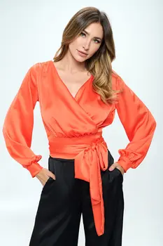 Stretch Satin Solid V neck Top with Open Back